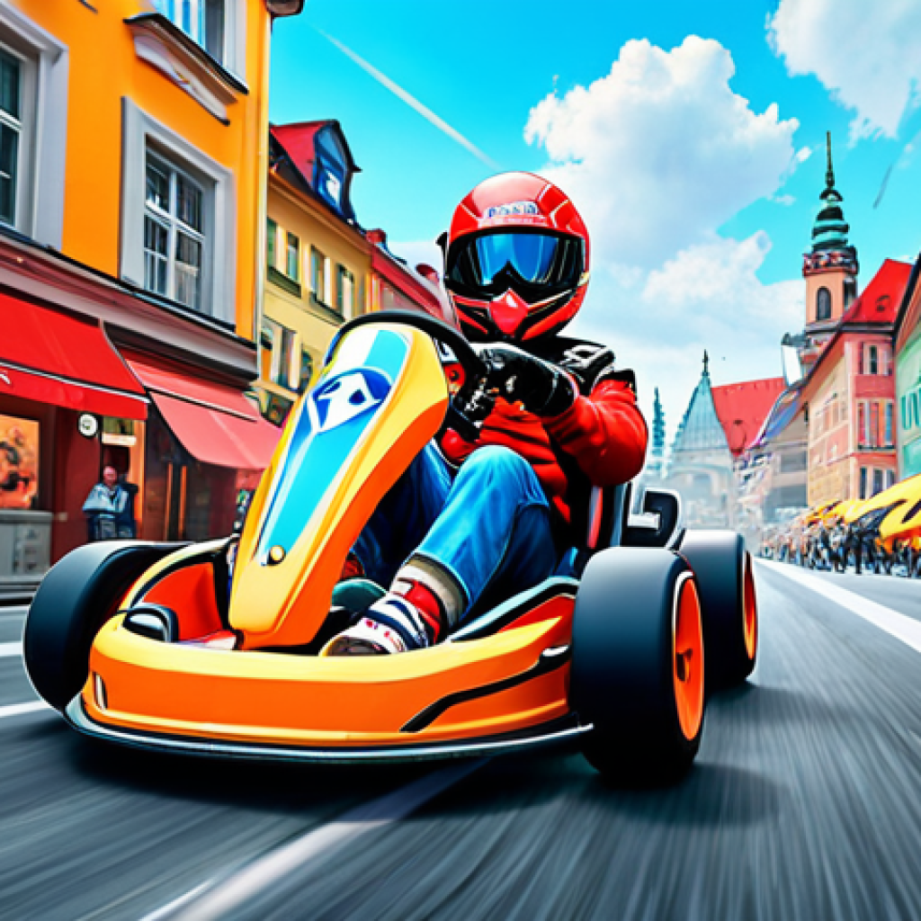 **

A vibrant, dynamic scene from a Kartrider fan art competition entry. The style mimics a digital painting, showcasing a customized Kart speeding through a German cityscape like Berlin or Munich. Include iconic German landmarks in the background. The Kart's design blends futuristic elements with traditional German aesthetics (e.g., Bavarian colors or automotive design). Emphasize the excitement and speed with motion blur and bright colors. Aim for an "award-winning" aesthetic with high detail and visual appeal.

**