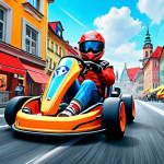 **

A vibrant, dynamic scene from a Kartrider fan art competition entry. The style mimics a digital painting, showcasing a customized Kart speeding through a German cityscape like Berlin or Munich. Include iconic German landmarks in the background. The Kart's design blends futuristic elements with traditional German aesthetics (e.g., Bavarian colors or automotive design). Emphasize the excitement and speed with motion blur and bright colors. Aim for an "award-winning" aesthetic with high detail and visual appeal.

**