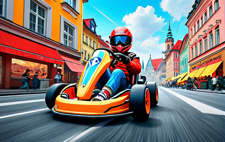 **
A vibrant, dynamic scene from a Kartrider fan art competition entry. The style mimics a digital painting, showcasing a customized Kart speeding through a German cityscape like Berlin or Munich. Include iconic German landmarks in the background. The Kart's design blends futuristic elements with traditional German aesthetics (e.g., Bavarian colors or automotive design). Emphasize the excitement and speed with motion blur and bright colors. Aim for an "award-winning" aesthetic with high detail and visual appeal.
**