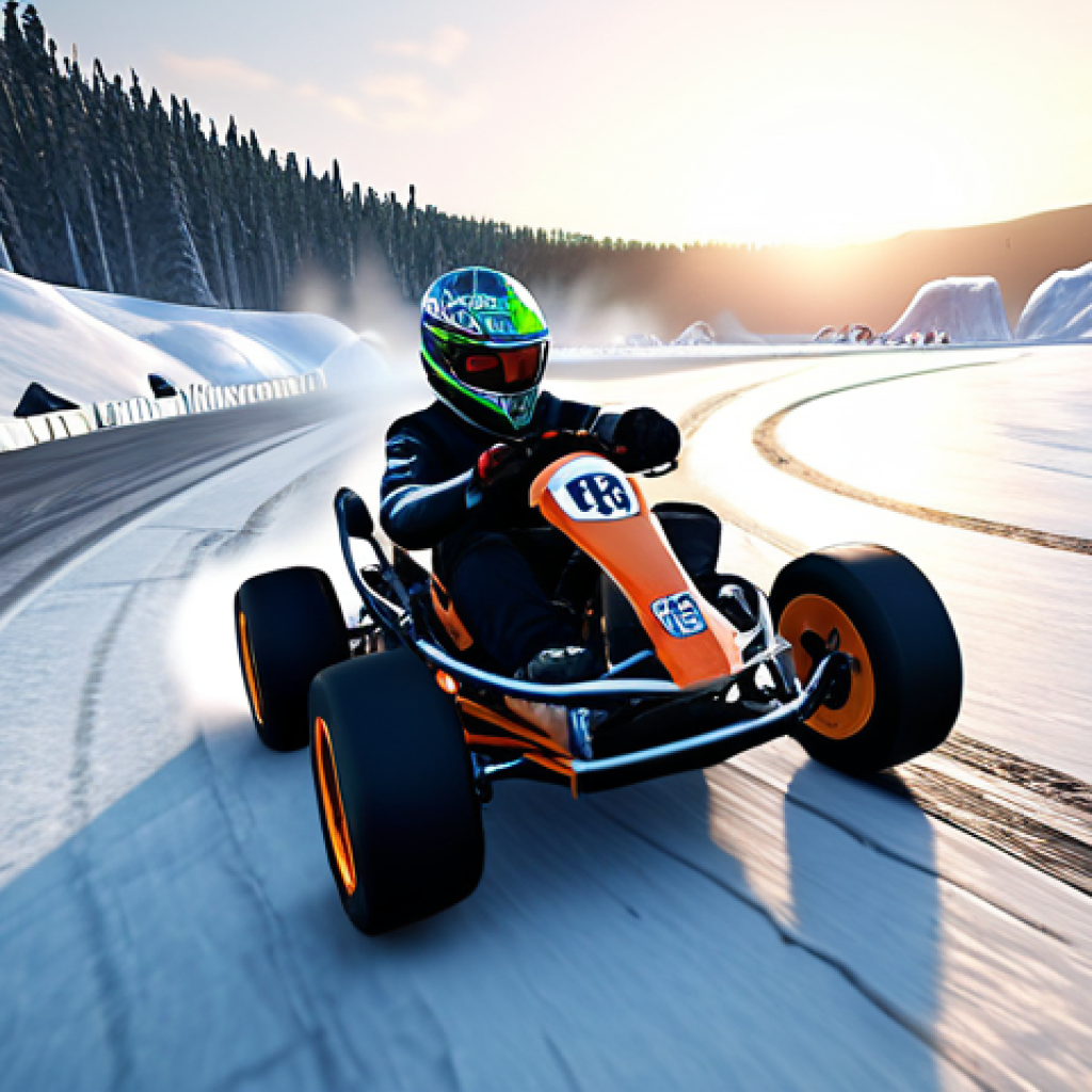 ** A dynamic action shot of a kart drifting around a sharp corner on the "Ice Ruins" track. Focus on the visual effects of the drift – tire smoke, speed lines. The kart should be a "Burst" type. Emphasize the icy environment with sparkling ice crystals and a dramatic perspective. Include a faint "Drift" UI element to subtly highlight the technique.

**