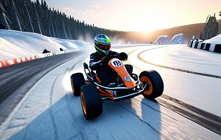 ** A dynamic action shot of a kart drifting around a sharp corner on the "Ice Ruins" track. Focus on the visual effects of the drift – tire smoke, speed lines. The kart should be a "Burst" type. Emphasize the icy environment with sparkling ice crystals and a dramatic perspective. Include a faint "Drift" UI element to subtly highlight the technique.

**