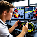** A young kart racer intensely reviewing video footage of their recent race with a coach. The screen shows telemetry data overlaid on the video. The setting is a modern racing team garage with tools and equipment visible in the background. The mood is focused and analytical.

**