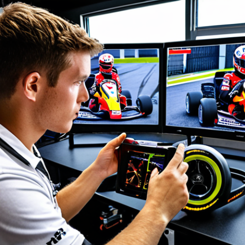 Home 24 ** A young kart racer intensely reviewing video footage of their recent race with a coach. The screen shows telemetry data overlaid on the video. The setting is a modern racing team garage with tools and equipment visible in the background. The mood is focused and analytical.
**