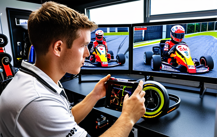 ** A young kart racer intensely reviewing video footage of their recent race with a coach. The screen shows telemetry data overlaid on the video. The setting is a modern racing team garage with tools and equipment visible in the background. The mood is focused and analytical.
**