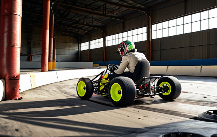 **
A vibrant, high-speed drift scene on the "Abandoned Factory" track. A customized kart, showcasing unique rims and spoiler, is executing a perfect drift around a tight corner, leaving tire marks and a burst of turbo boost. The factory background is detailed and gritty, with dynamic lighting and shadows highlighting the action. Capture the thrill and precision of drifting on the new tracks.
**
