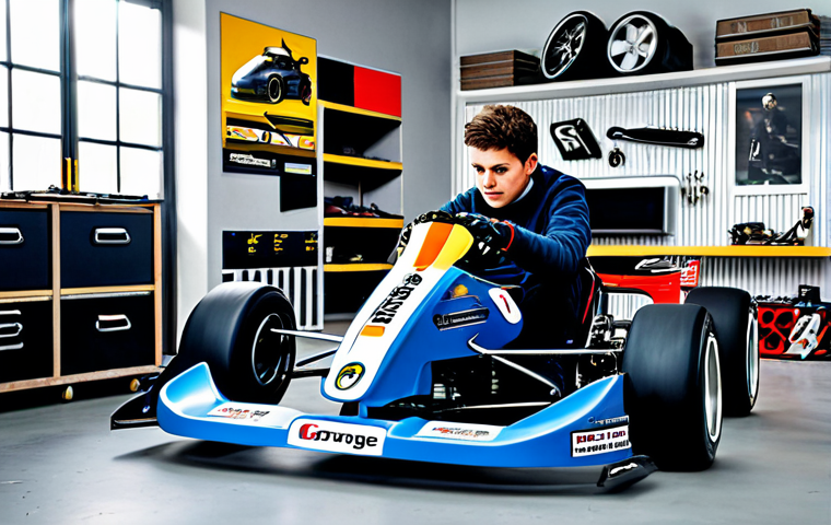 Kart Customization in a German Garage**
"A young German karting enthusiast in a workshop, surrounded by tools and kart parts. He's customizing his kart with new spoilers and applying a custom paint job with German racing stripes. The garage is well-lit with posters of German racing legends on the walls. safe for work, appropriate content, fully clothed, professional, perfect anatomy, correct proportions, natural pose, well-formed hands, proper finger count, natural body proportions, high-quality rendering."
**