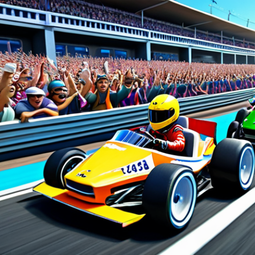 **Prompt:** "A vibrant digital painting showcasing various Kartrider characters racing through a whimsical track, surrounded by cheering fans. Focus on capturing the energetic and competitive spirit of the game.  Detailed environment, bright colors, dynamic composition, perfect anatomy, appropriate attire, safe for work, family-friendly, high quality."