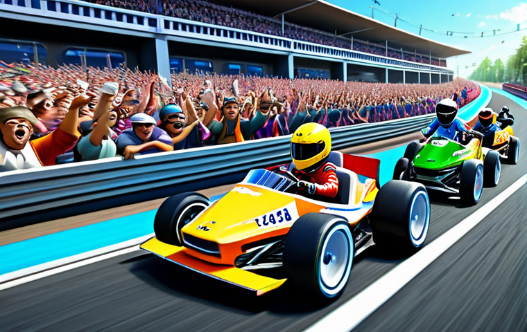 **Prompt:** "A vibrant digital painting showcasing various Kartrider characters racing through a whimsical track, surrounded by cheering fans. Focus on capturing the energetic and competitive spirit of the game. Detailed environment, bright colors, dynamic composition, perfect anatomy, appropriate attire, safe for work, family-friendly, high quality."