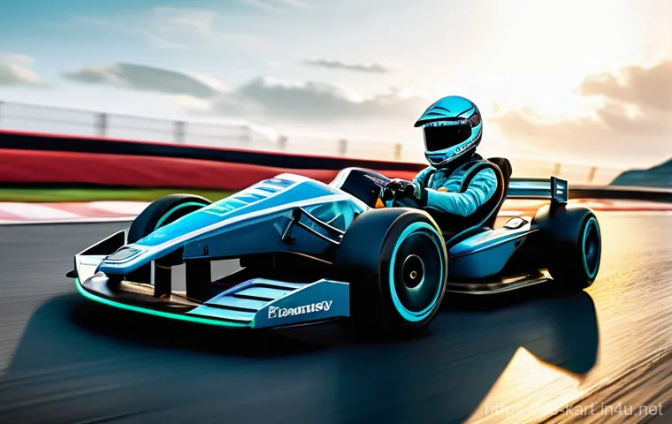 카트라이더 초보 유저의 트랙 공략 - **Prompt: "An action-packed, close-up shot of a sleek, futuristic KartRider-style kart in the midst ...