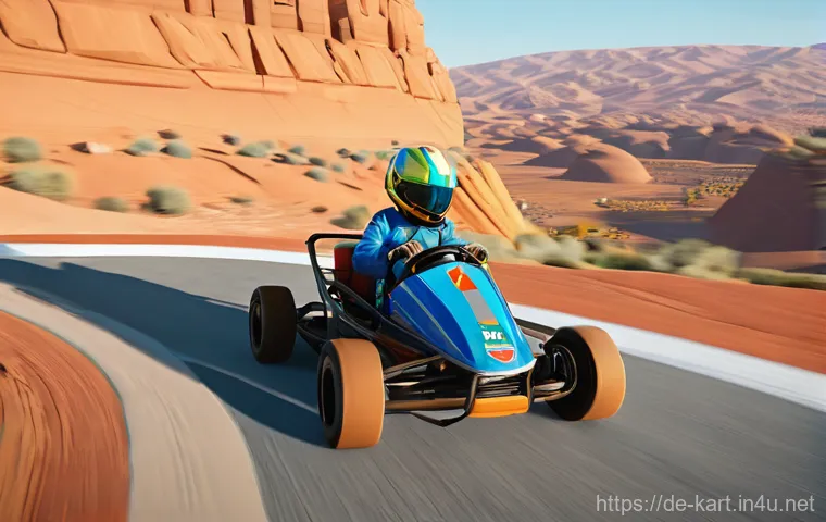 카트라이더 이색 플레이법 - **"Four brightly colored, sleek karts, each driven by a fully clothed, focused character (two male, ...