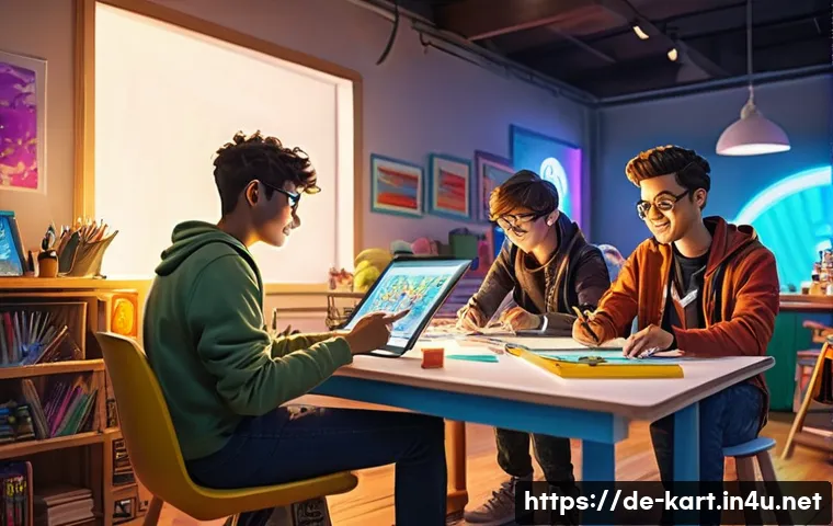 카트라이더 팬아트와 게임 커뮤니티 활용 - **Prompt:** A vibrant and diverse group of young adult KartRider fans, ranging from late teens to ea...