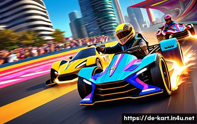 카트라이더 팬아트 대회와 유저 인터뷰 - A vibrant digital artwork showcasing a diverse group of KartRider characters racing on a dynamic, co...
