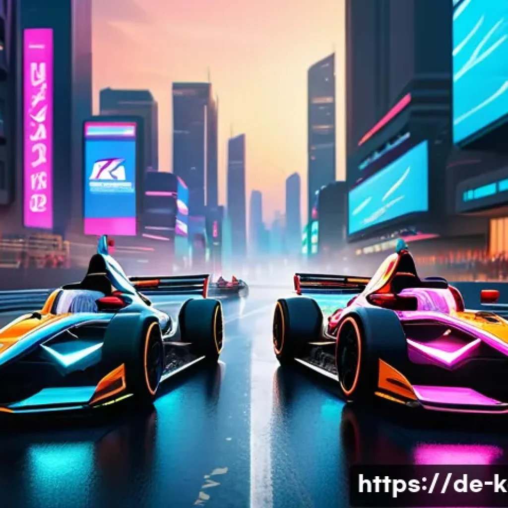 카트라이더 신규 출시 일정 - A vibrant and dynamic futuristic racing track set in a sprawling urban skyline at dusk, featuring ne...