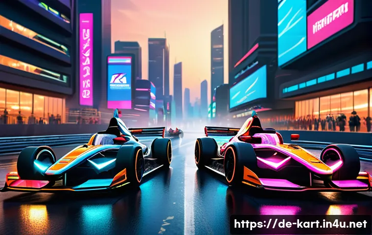 카트라이더 신규 출시 일정 - A vibrant and dynamic futuristic racing track set in a sprawling urban skyline at dusk, featuring ne...