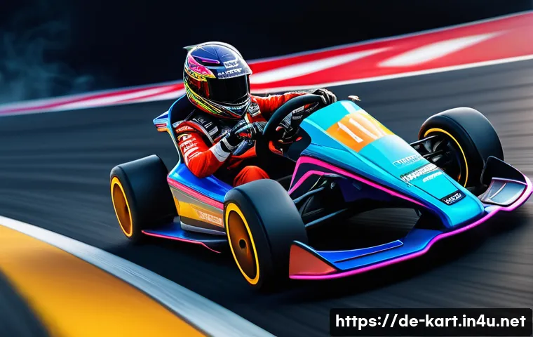 카트라이더 트릭 성공률 높이기 - A dynamic racing scene in a vibrant, futuristic KartRider track with a sleek kart executing a perfec...