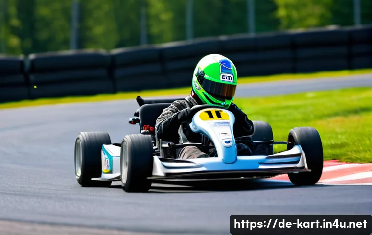 카트라이더 초보자용 드리프트 팁 - A dynamic racing kart drifting sharply around a tight corner on a dry kart track in Germany, detaile...