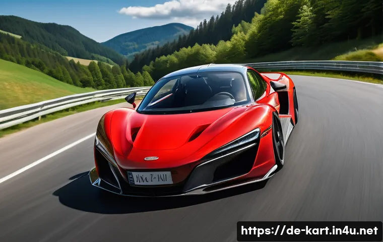 카트라이더 스피드전 차량 선택 - A dynamic racing scene on a curvy mountain track in Germany featuring a sleek red sports car with Ge...