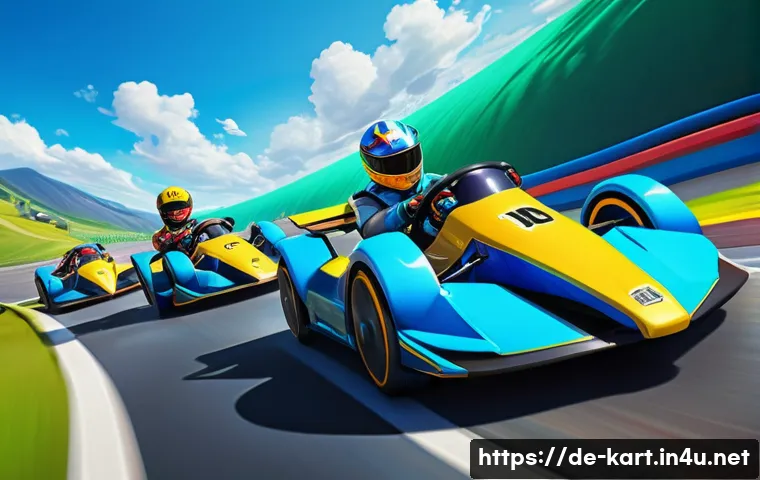카트라이더 초보 유저를 위한 팬아트 활용법 - A vibrant and detailed digital painting of KartRider characters racing on a colorful, dynamic track ...