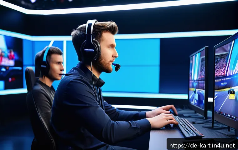 카트라이더 공식 리그 대회 해설 - A dynamic esports live commentary studio scene showcasing a diverse team of commentators in action d...