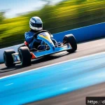 카트라이더 레벨업에 필요한 팁 - A dynamic kart racing scene on a vibrant, twisting race track under a bright blue sky, showcasing a ...