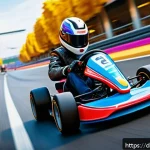 카트라이더 신규 유저 위한 FAQ - A vibrant and dynamic arcade-style kart racing scene on a colorful, winding track set in a lively ur...