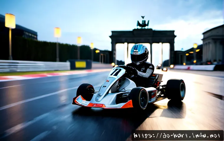 카트라이더 전설급 캐릭터 활용 - Photorealistic cinematic racing scene in a futuristic Berlin street circuit at blue hour, a legendar...