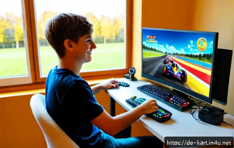 Home 17 카트라이더 이벤트 코인 획득법 - Photorealistic German teenage gamer at a tidy home desk, joyfully completing a colorful kart racing ...