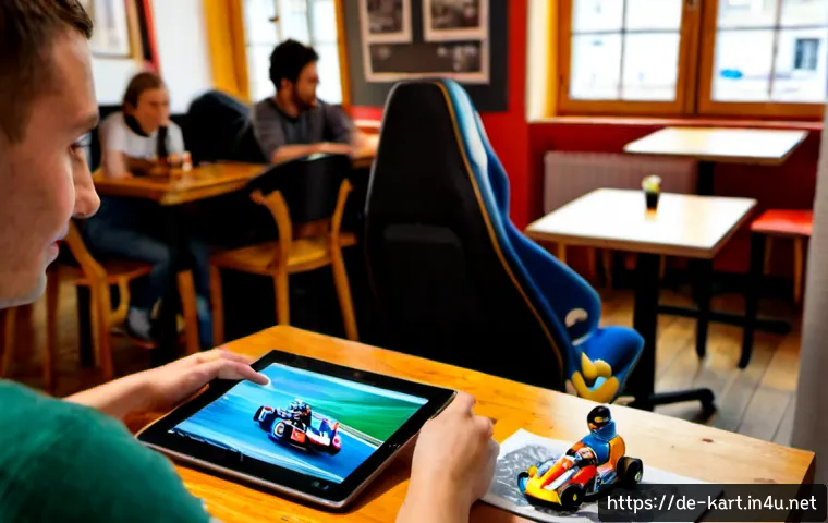 Home 17 카트라이더 팬아트 이벤트의 특별한 이야기 - Photorealistic cozy gaming café in Berlin during a fan art celebration, a young adult artist display...