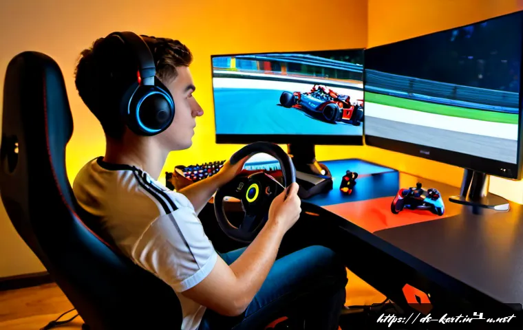 카트라이더 스피드전 팁 모음 - Photorealistic esports racing setup in a modern German apartment, focused young adult player steerin...
