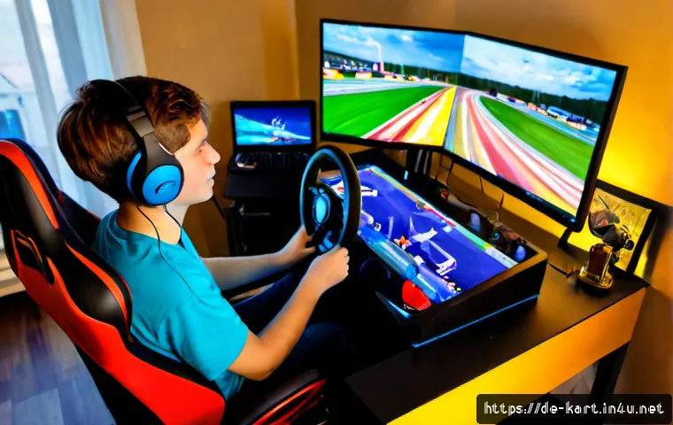 카트라이더 신규 트랙 참여 동영상 - Photorealistic German teenage gamer participating in a colorful kart racing game’s newly released tr...