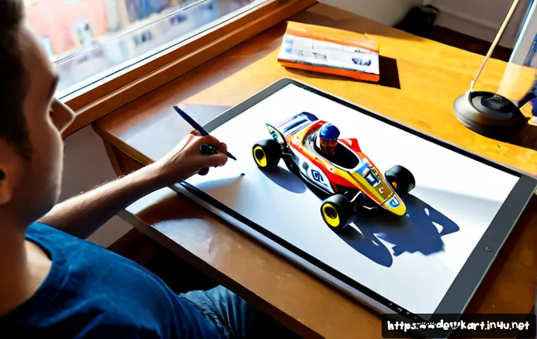 카트라이더 팬아트 도전 가이드 - Photorealistic young German digital artist creating colorful original kart racing fan artwork on a l...