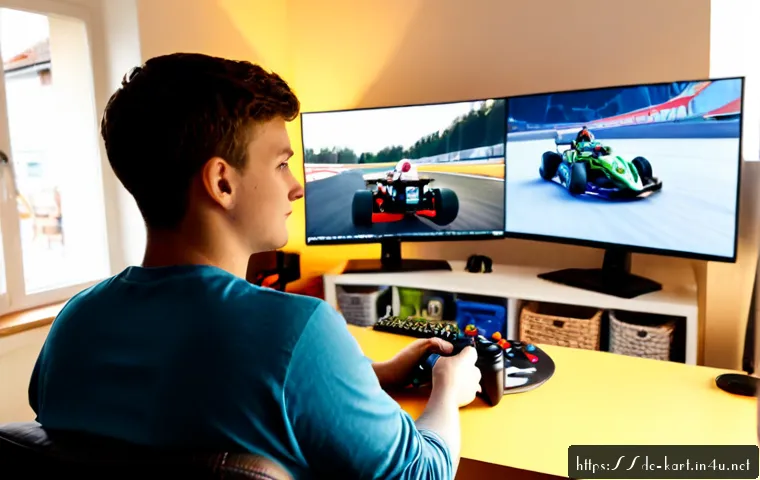 카트라이더 초보자를 위한 아이템전 기술 - Photorealistic over-the-shoulder view of a beginner gamer in a cozy modern German apartment, confide...