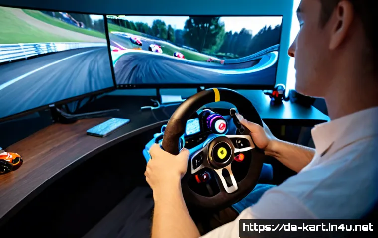 카트라이더 스피드전 팁과 요령 - Photorealistic esports-style scene of a focused German gamer at a clean home desk using a steering w...