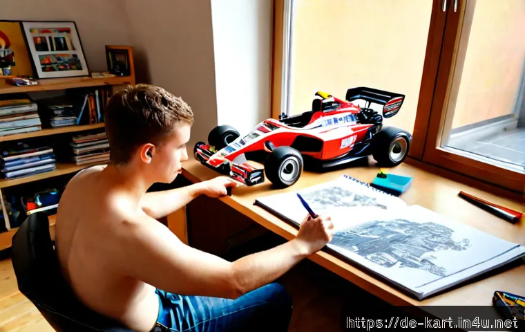 Home 17 카트라이더 팬아트 대회의 성공 비결 - Photorealistic German fan art competition workspace, a focused young adult artist in a bright Berlin...