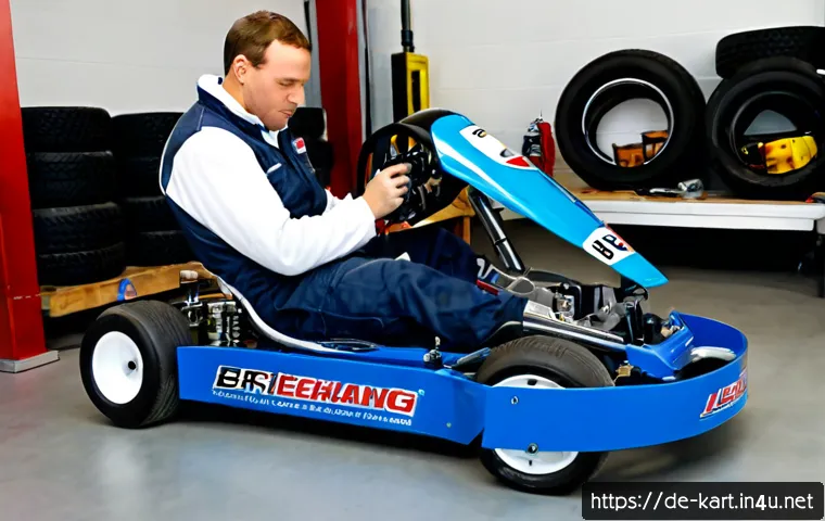 카트라이더 스피드전 차량 세팅 - Photorealistic indoor kart racing workshop, sleek compact racing kart on a hydraulic stand, mechanic...